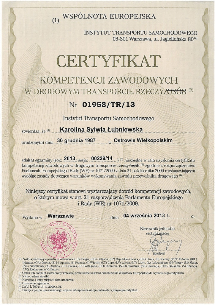 Certyfikat Karolina Lubniewska