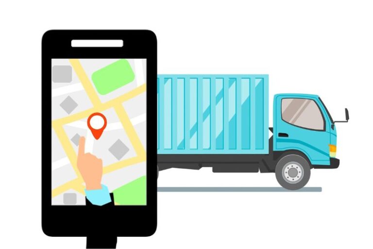 Smartfon z mapą i niebieską ciężarówką