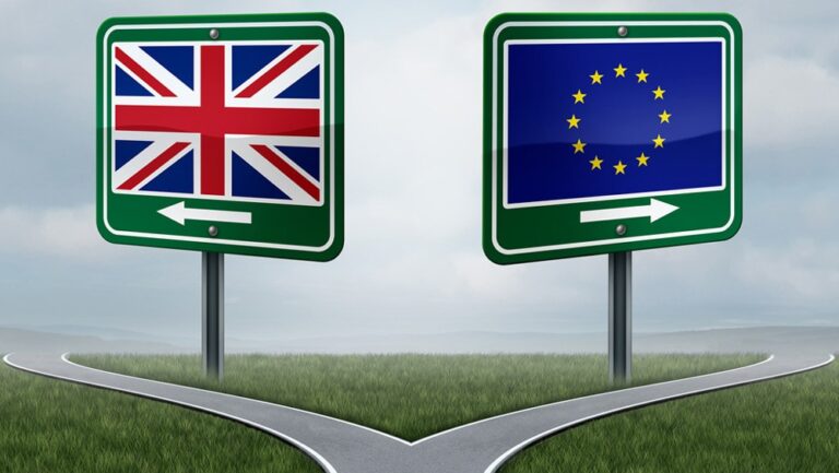 Znaki drogowe z flagami Wielkiej Brytanii i Unii Europejskiej