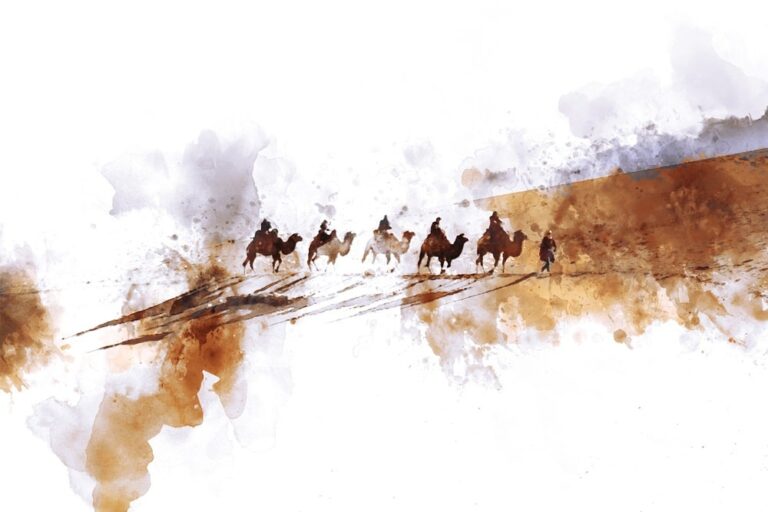 Karawana na pustyni z wielbłądami i podróżnikami