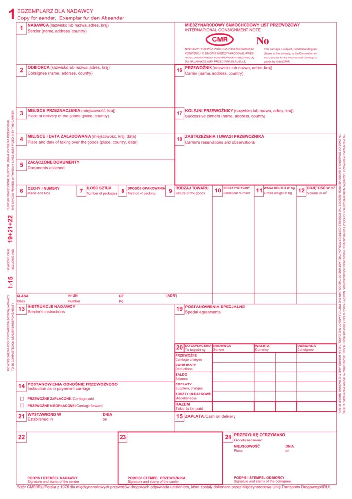 wzór list przewozowy eCMR, wersja czerwona dla nadawcy przesyłki